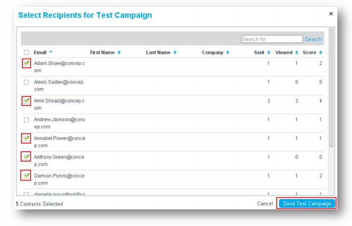 Select recipients for Test Campaign